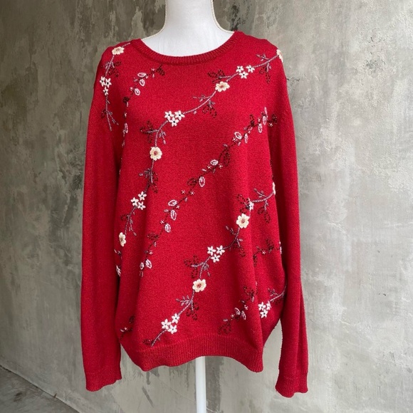 Sweaters - Vintage 90s Red Embroidered Grandma Sweater